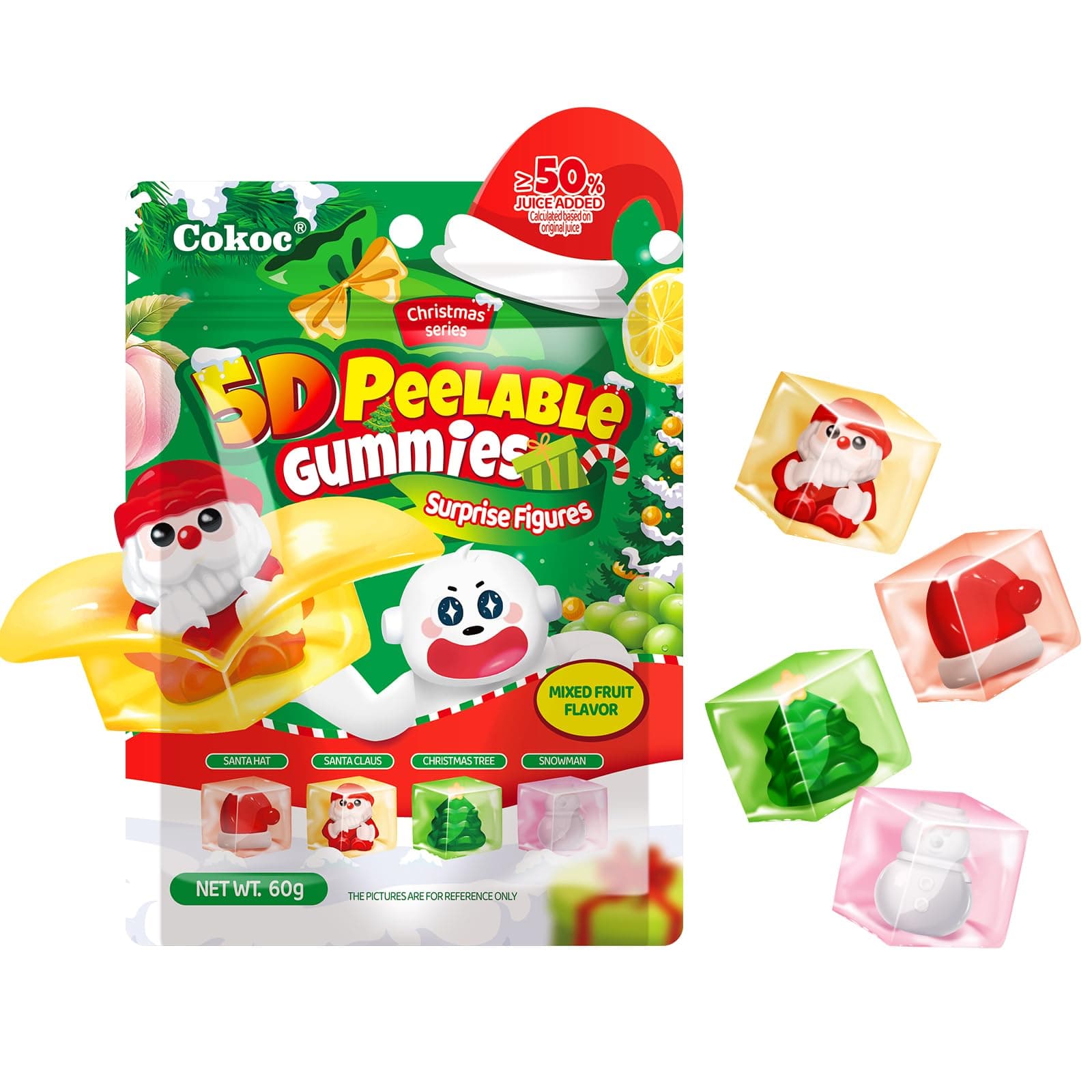 COKOC Christmas 5D Peelable Gummy Candy,Mixed Fruit Flavored Surprise Inside, Strawberry Apple Mango White Peach,Santa Tree Snowman Shapes,Individually Wrapped Holiday Candy,2.12 oz Bag,Party Favors & Stocking Stuffers