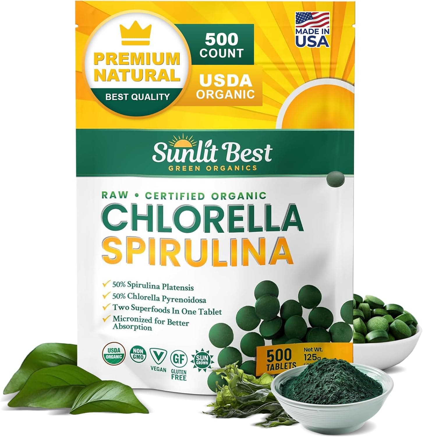 Sunlit Best Chlorella Spirulina Tablets - Organic USDA, Premium Spirulinas and Chlorella Capsules 500 Pills - Chlorellas Natural Superfood with Spirulina Algae, Enzymes Chlorophyll & Vegan Protein