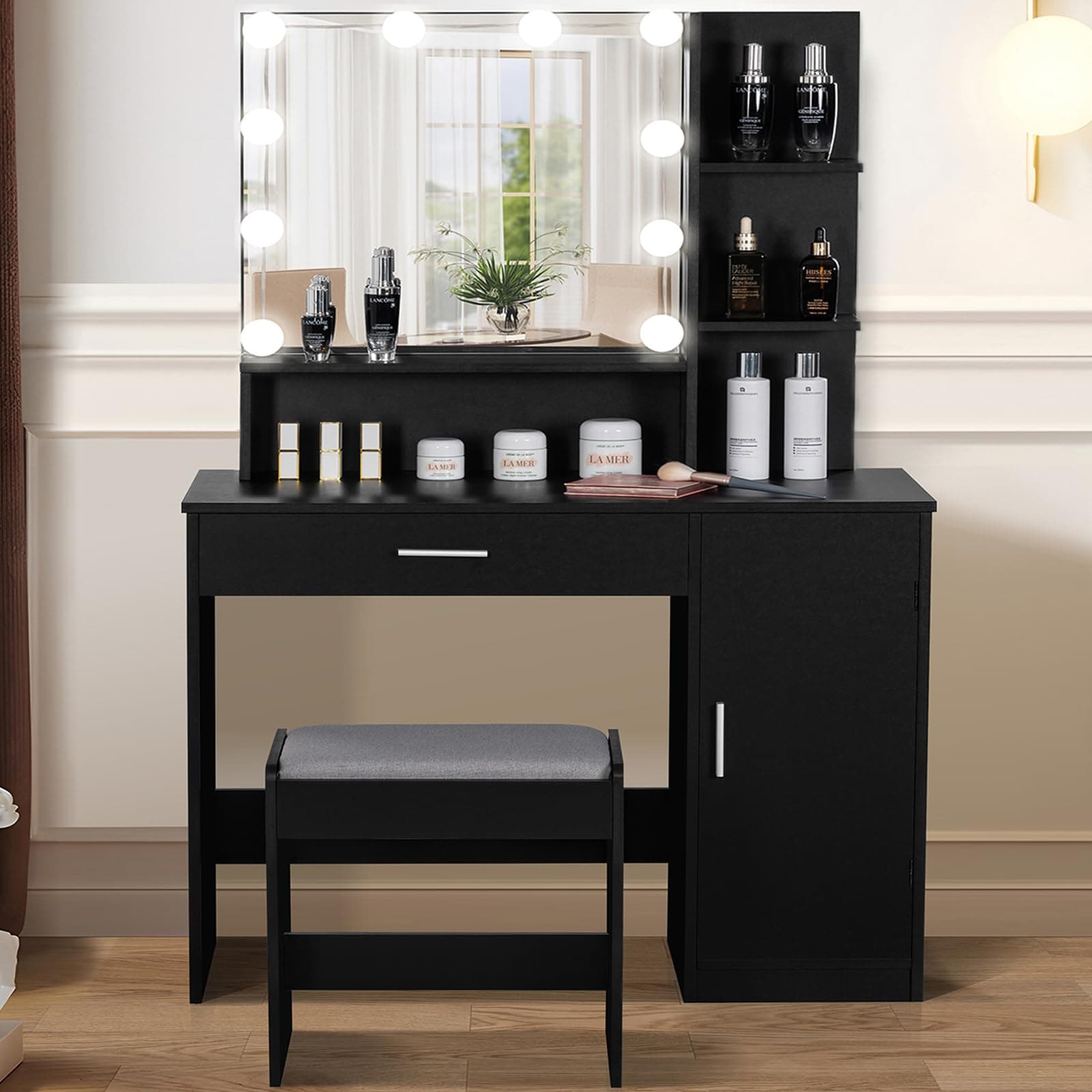 usikey Makeup Vanity Desk with Mirror and Lights, Vanity Desk Set with 1 Drawer, 1 Cabinet & 3 Shelves, Makeup Vanity Table with Stool for Bedroom, Black