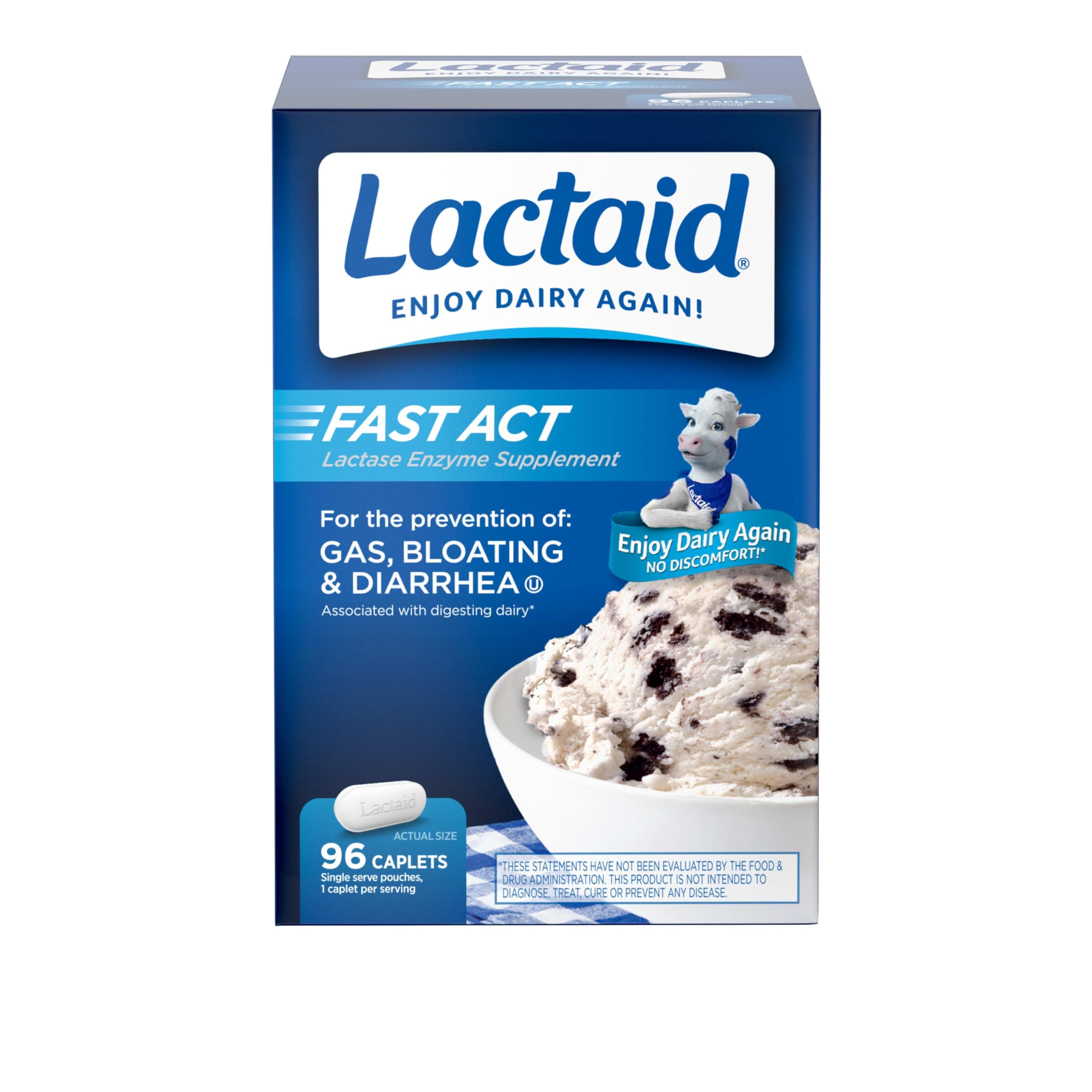 Fast Act Lactose Intolerance Caplets with Lactase Enzyme, Dairy Relief from Gas, Bloating & Diarrhea, 9000 FCC Lactose Intolerance Pills, 96 Individual Travel On-The-Go Packs (96 x 1 ct)