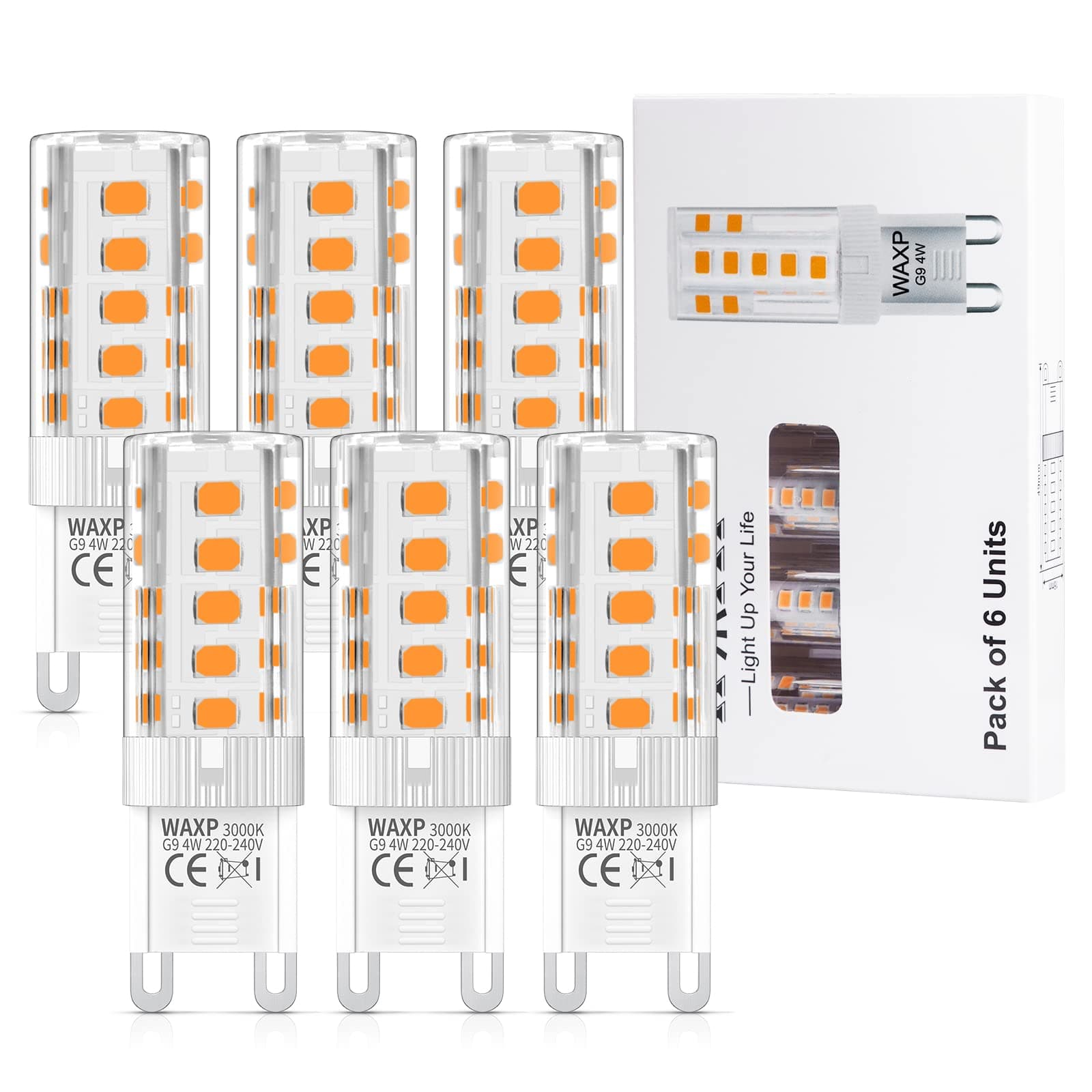 WAXPG9 LED Bulbs Warm White 4W, 3000K, Equivalent 40W G9 Halogen Light Bulbs, No Flickering, Non-Dimmable, 6 Pack