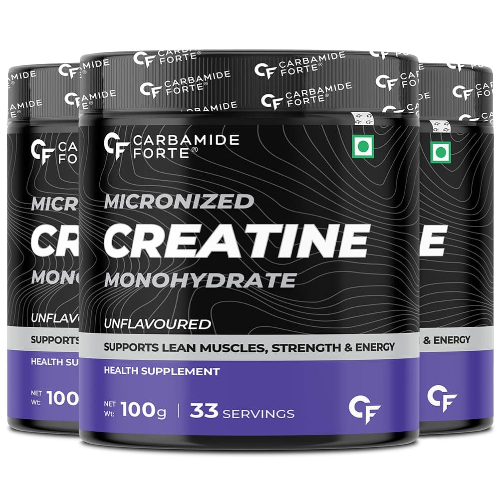 Carbamide Forte Micronised Creatine Monohydrate Powder | Monohydrate Creatine Supplement for Lean Muscle Volumization, Strength & Energy - Unflavoured - 33 Servings - 100g (Pack of 3)