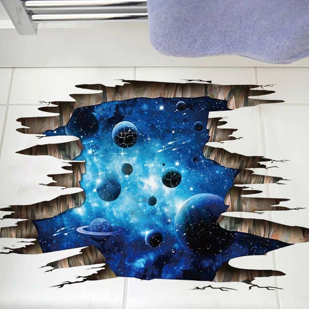 3D Space Floor Sticker,Blue Galaxy Wall Decal-Removable Mural for Kids Bedroo...
