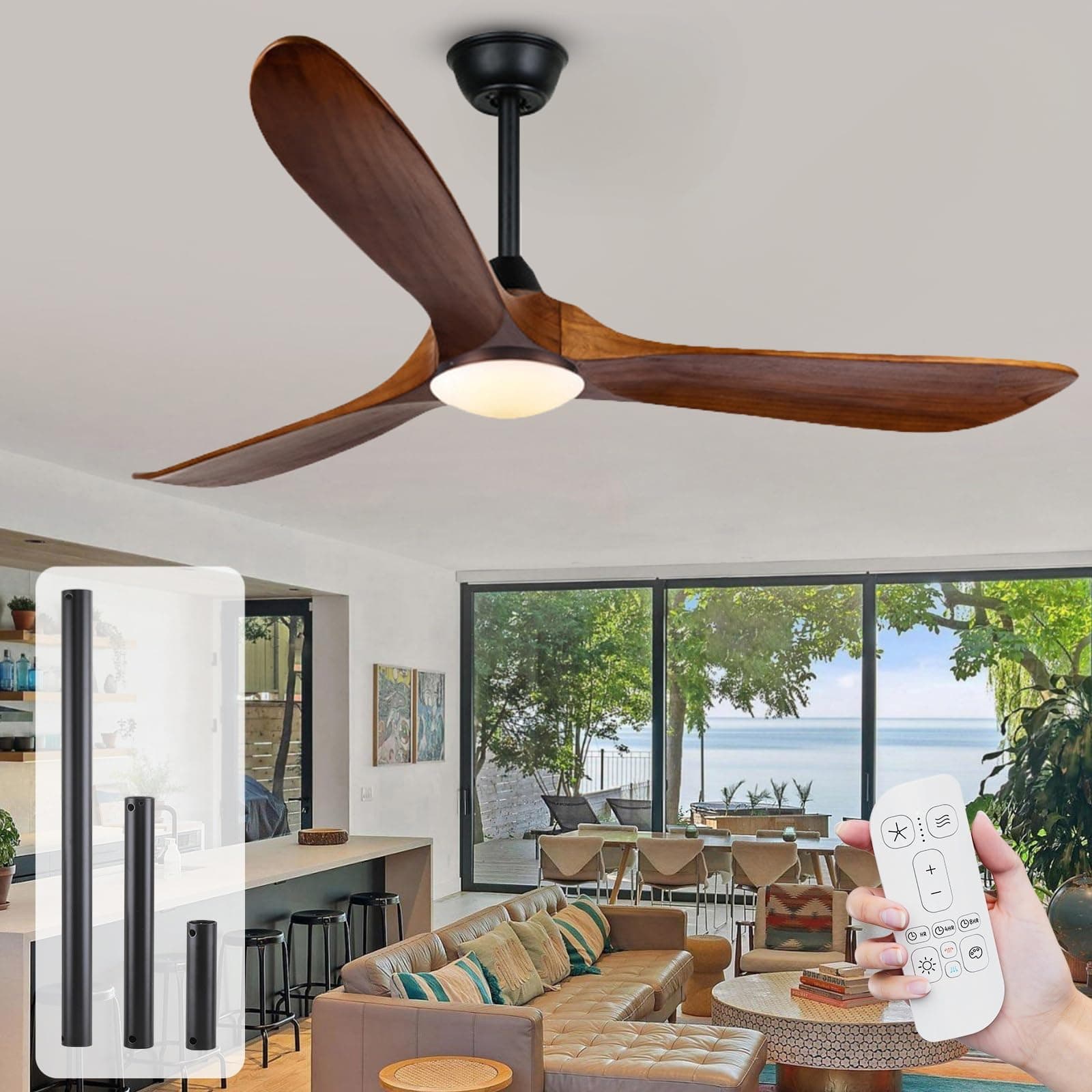 Ceiling Fans with Lights and Remote, 60 Inch Wood Ceiling Fan with Dimmable LED Lights, 3 Blades 6 Speeds Quiet Reversible Ceiling Fan for Bedroom, Living Room, Outdoor Patio, Porch