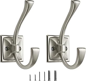 2 Pack Decorative Heavy Duty Towel Hooks for Hanging Robe Double Satin Nickel Coat Hooks Wall Mounted with Screws for Key, Towel, Bags, Cup, Hat