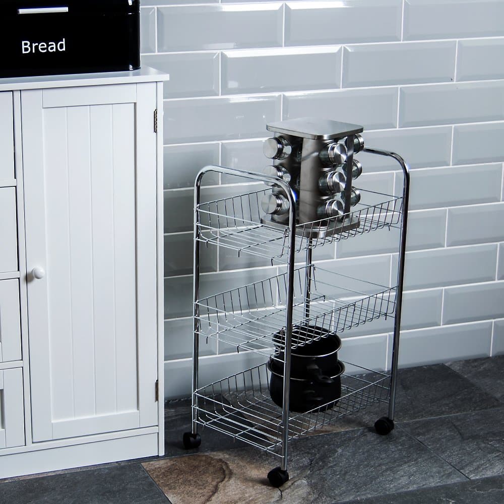Home Discount Chef Vida Kitchen Trolley 3 Tier Kitchen Vegetable Chrome Storage Trolley Rack Cart with Wheels