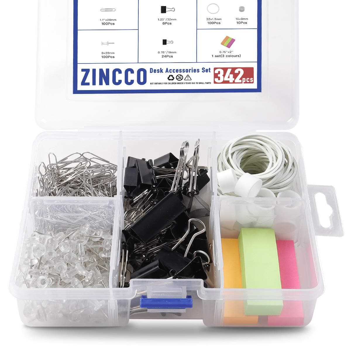 342 Pcs Small Office Supplies Kit with Storage Container, Metal Binder Clips Medium/Small, Paper Clips, Assorted Rubber Bands, Page Markers, Push Pins, for Home, Office, School, etc.