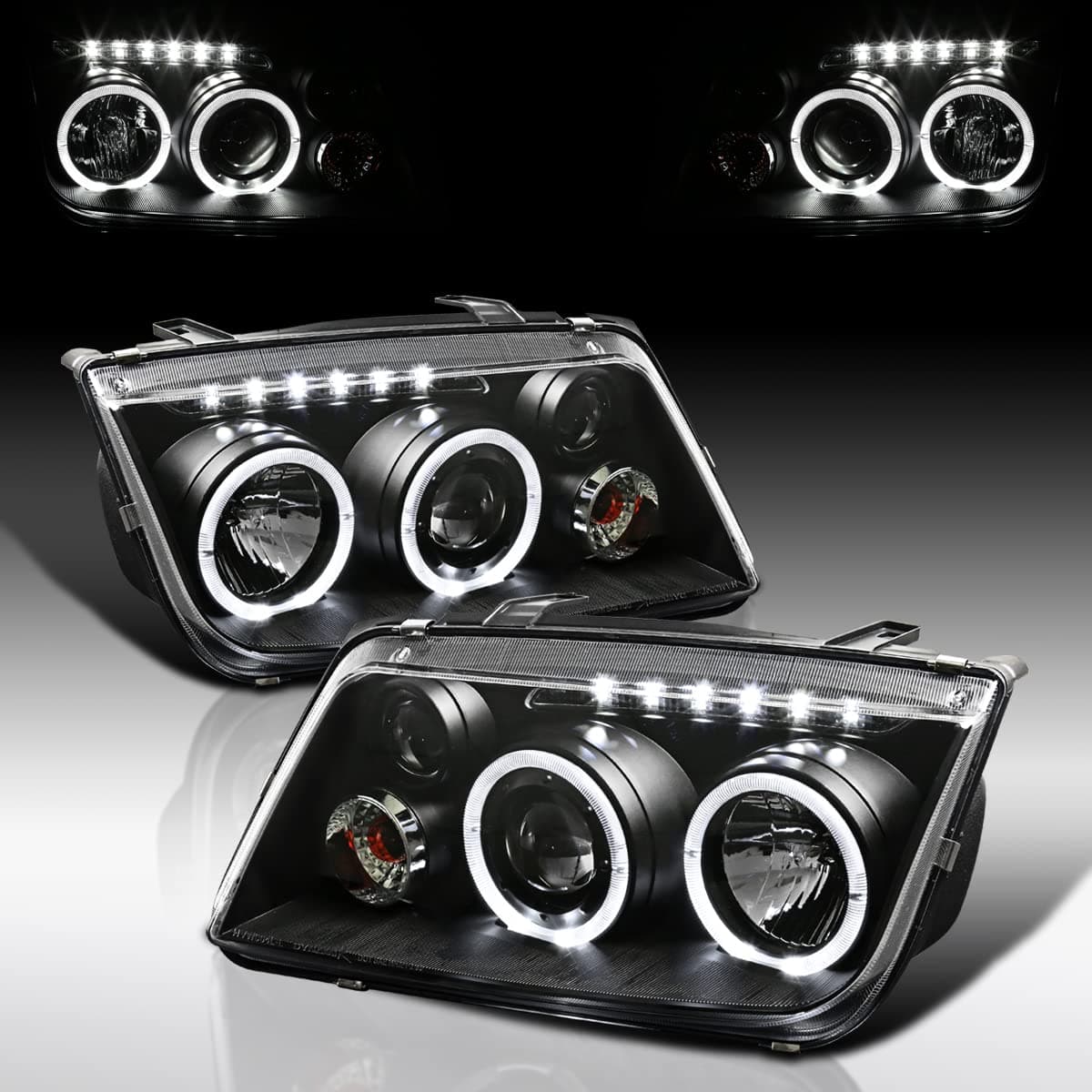Autozensation Compatible with 1999-2005 VW Jetta/Bora Mk4, Left + Right Pair Headlamps Assembly, LED + Halo Projector Headlights Black