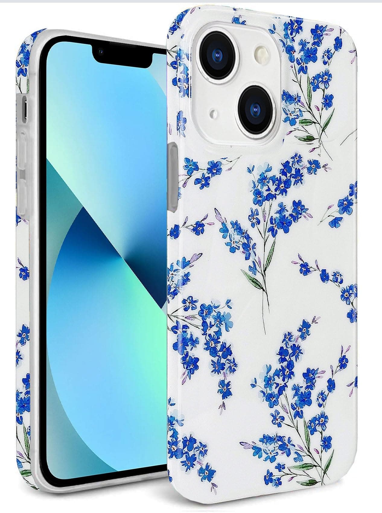 J.west Floral iPhone 13 Case 6.1", Soft TPU Flower Pattern Design, Shockproof Bumper for Women & Girls Blue