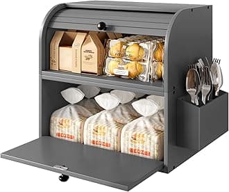 TQVAI Bread Box for Kitchen Countertop, Double Layer Bamboo Bread Storage Container, Large Bread Bin with Silverware Holder - Assembly Required, Grey