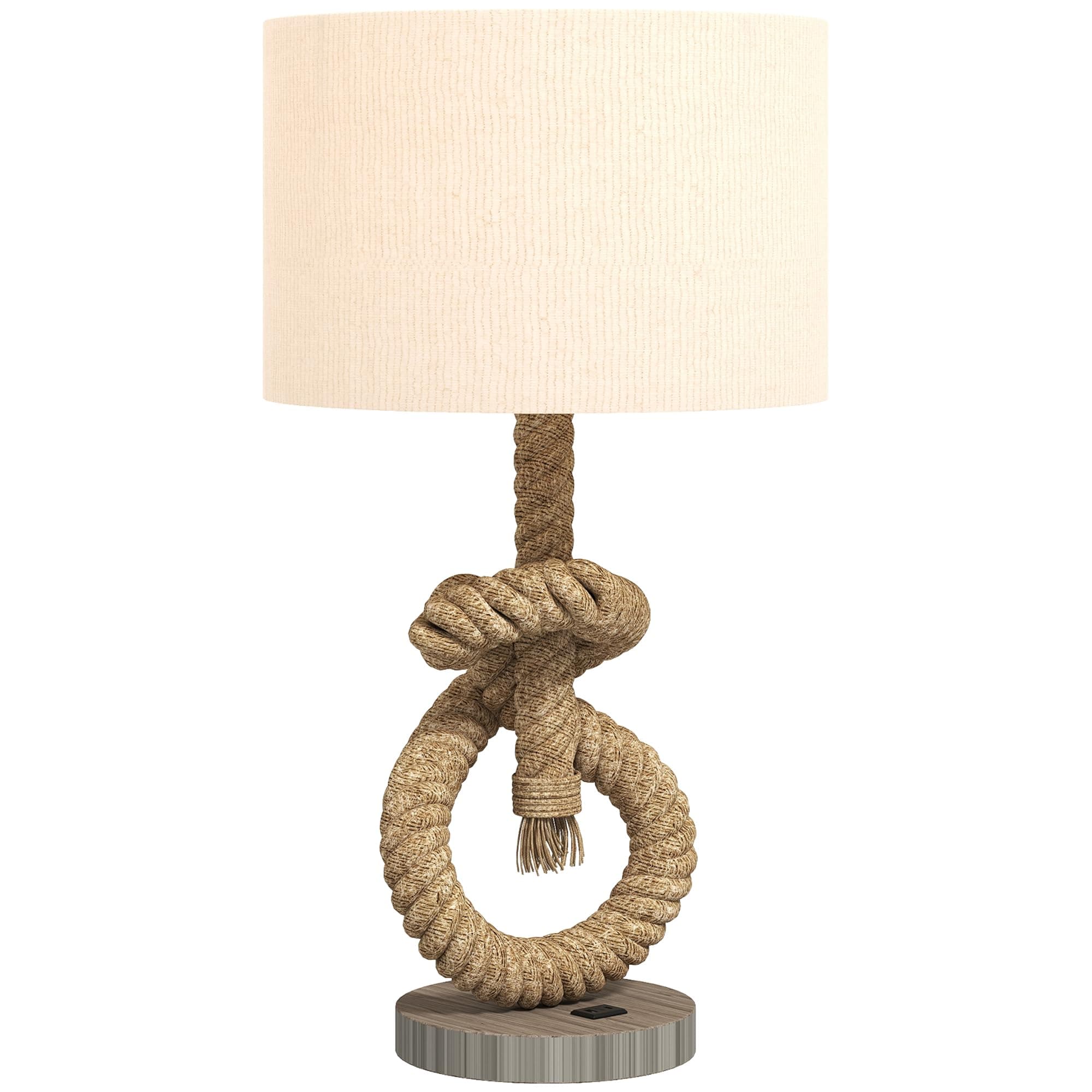 HOMCOM Nautical Table Lamp with USB Charging Port, Bedside Lamp for Bedroom Living Room, Warm White LED Bulb Included, with Hemp Rope, Natural
