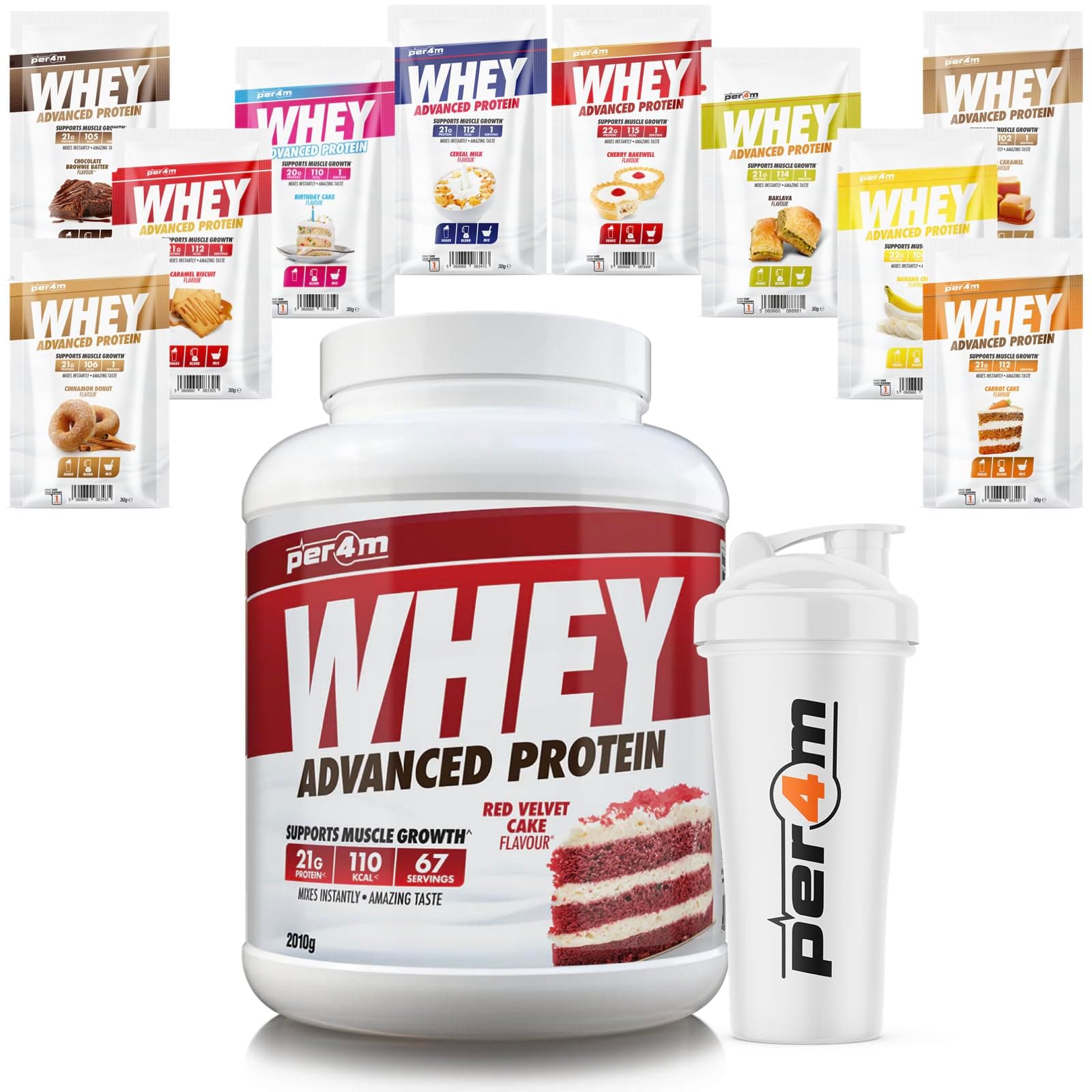 Per4m Whey Protein Shake Powder, Shaker and Sachets | Low Sugar Gluten Free | with 10 Mixed Flavour Sachets & Shaker (2010g, Red Velvet Cake)