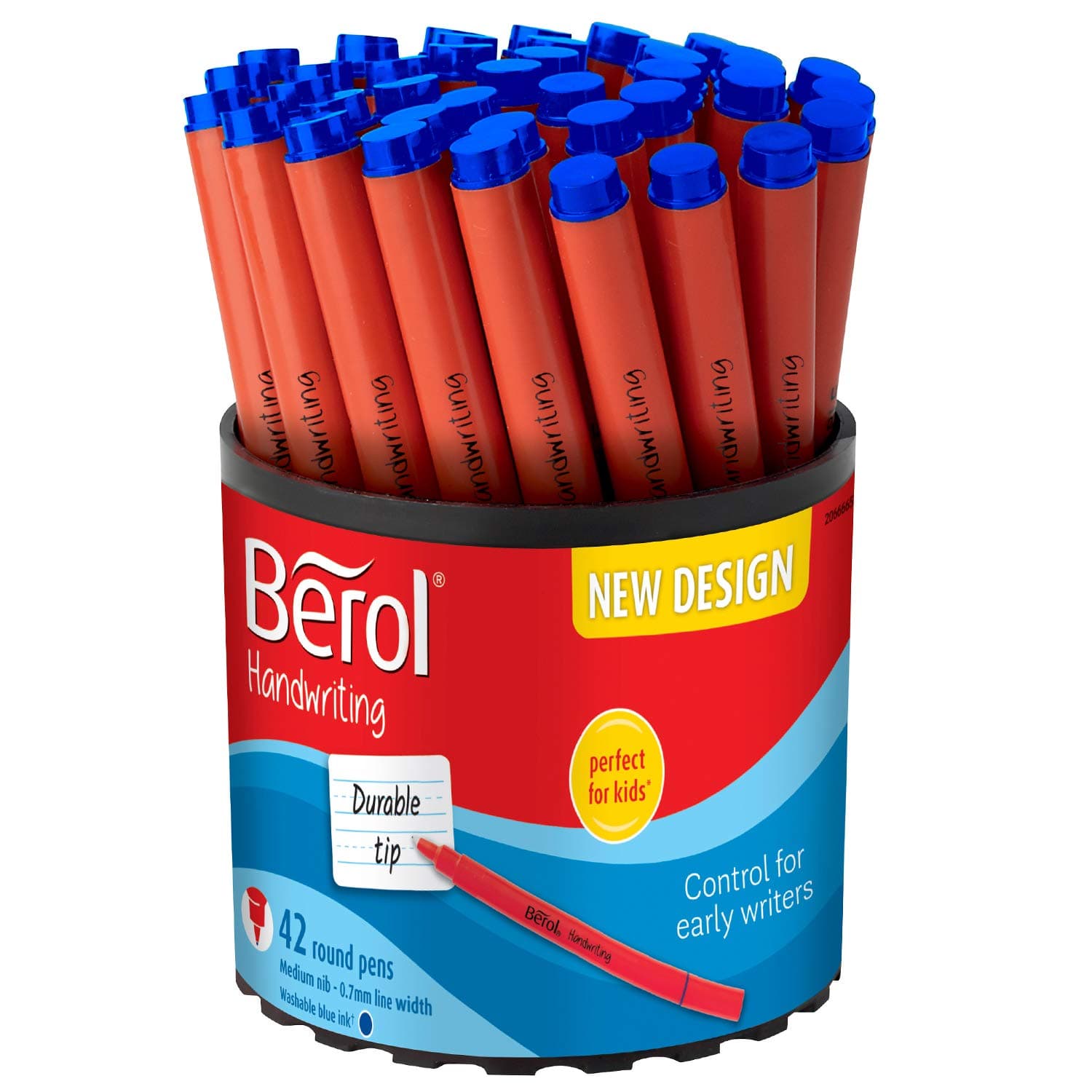Berol Handwriting Pens | Round Shape | Washable Blue Ink | Bright Barrels | Tub of 42