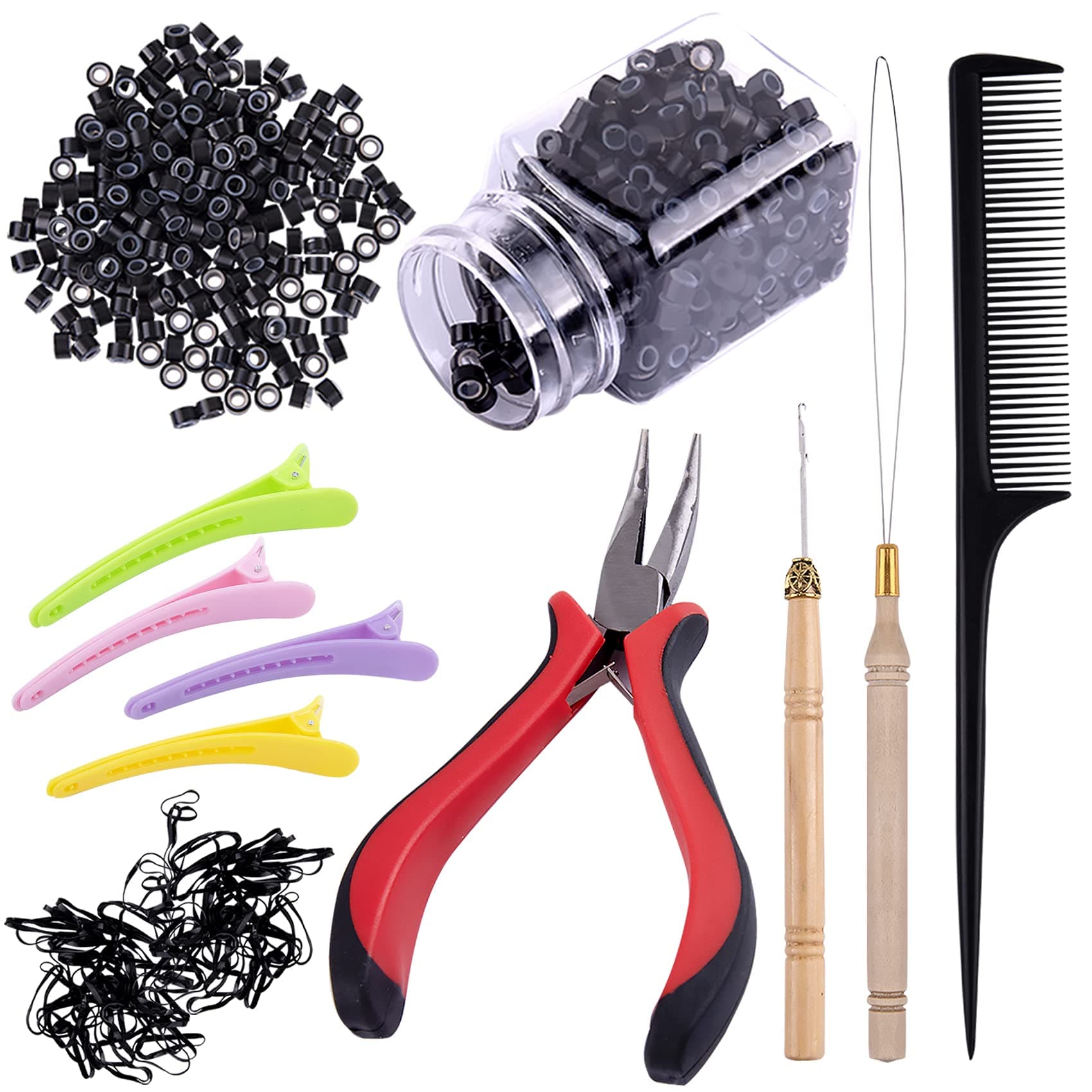 Duufin Hair Extensions Tools Kit 500 Pcs Black Micro Ring Beads 1 Pc Micro Beads Plier 2 Pcs Loop Needle Threader Pulling Hook 4 Pcs Plastic Alligator Clips 1 Pc Comb and 2 Bags Mini Rubber Bands