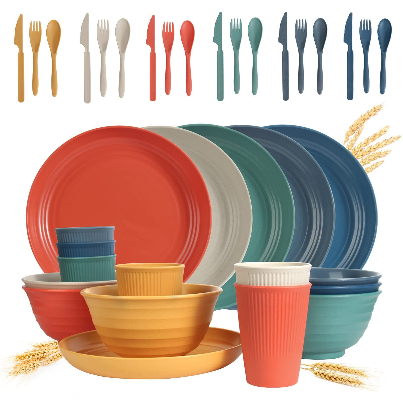 Wheat Straw Dinnerware Sets 36 Piece Unbreakable Dinnerware Sets, Reusable Wheat Straw Plates and Bowls Sets, Travel Camping Cutlery Set, Dishwasher Microwave Safe Dinnerware Colourful