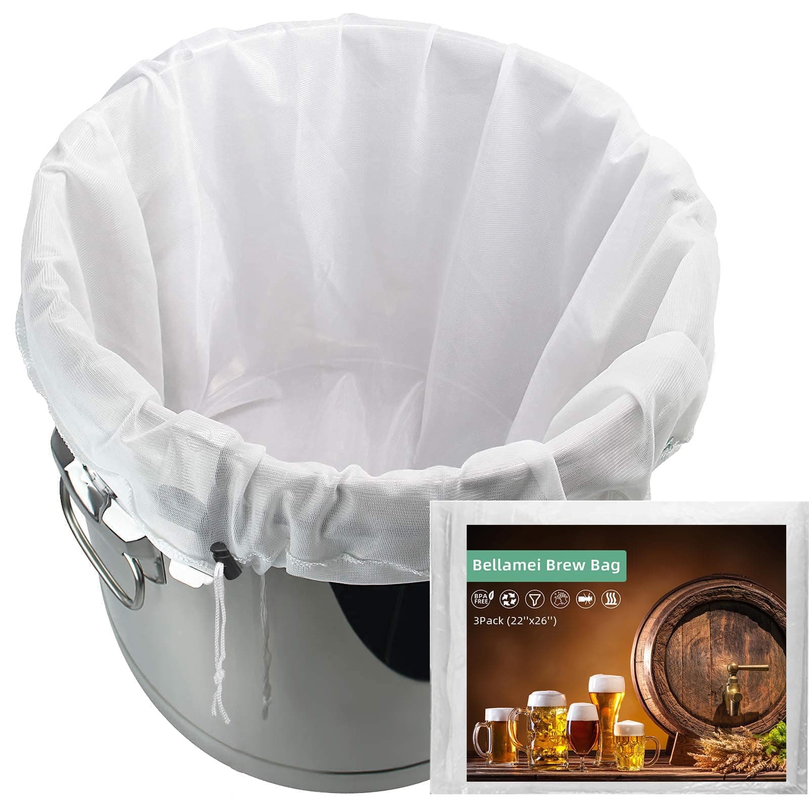 Brew Bags 3 Pack Extra Large 22"×26" Reusable 250 Micron Fine Mesh Bag for Fruit Cider Apple Grape Wine Beer Press Drawstring Straining Brew in a Bag