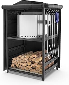 Storage Station for Solo Stove Bonfire 2.0, Yukon, Ranger, Storage for Fire Pit Tools and Accessories, Firewood Rack Outdoor with Waterproof Cover, Iron Black