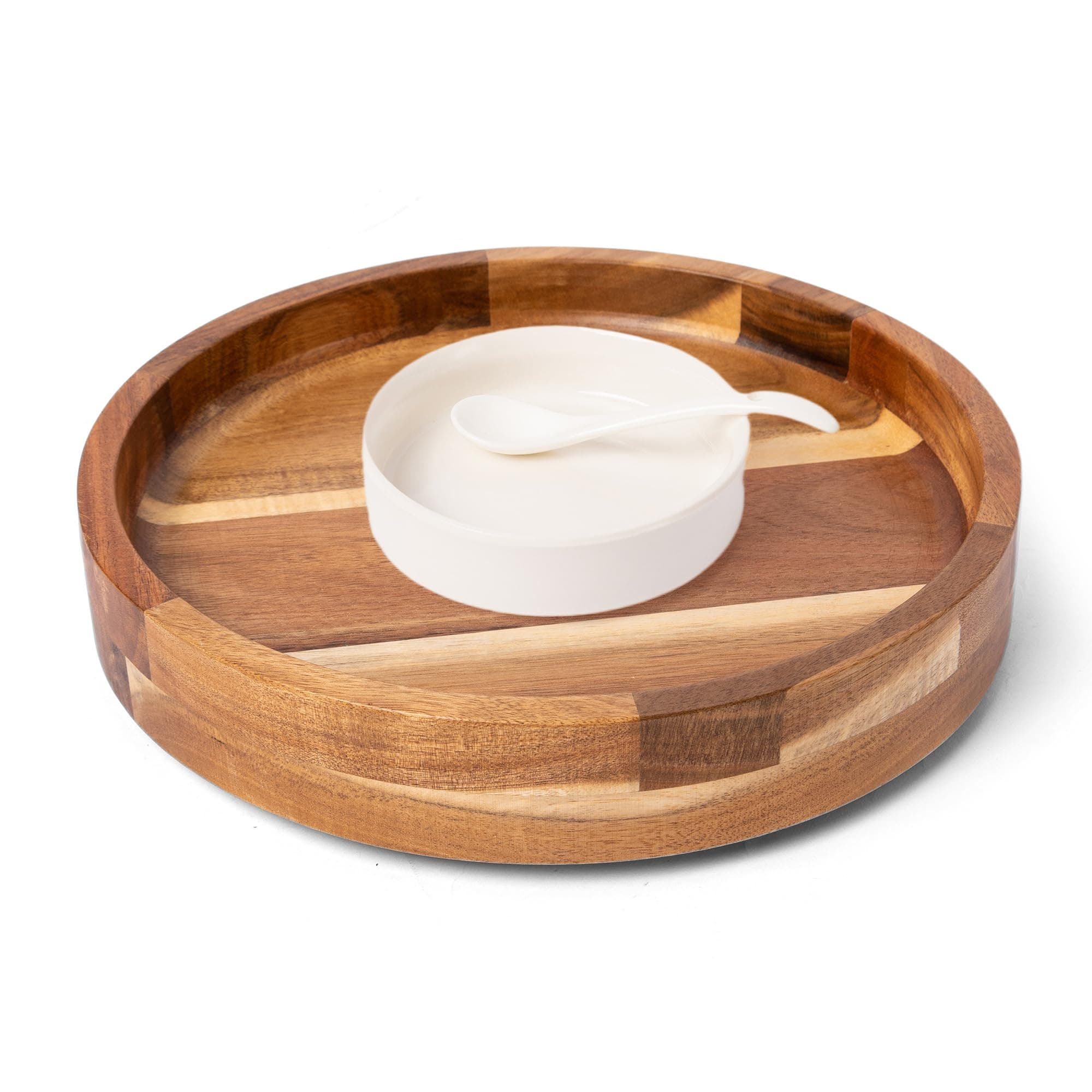 Defined Deco12in Serving Tray and Platters, Acacia Wood chip & dip Sets for Party, 360° Rotatable Serving Dishes for Chips and Dip, Fruit,Veggies, Candy and Snack, (Including 2X Dip Bowls, 1 Spoon)