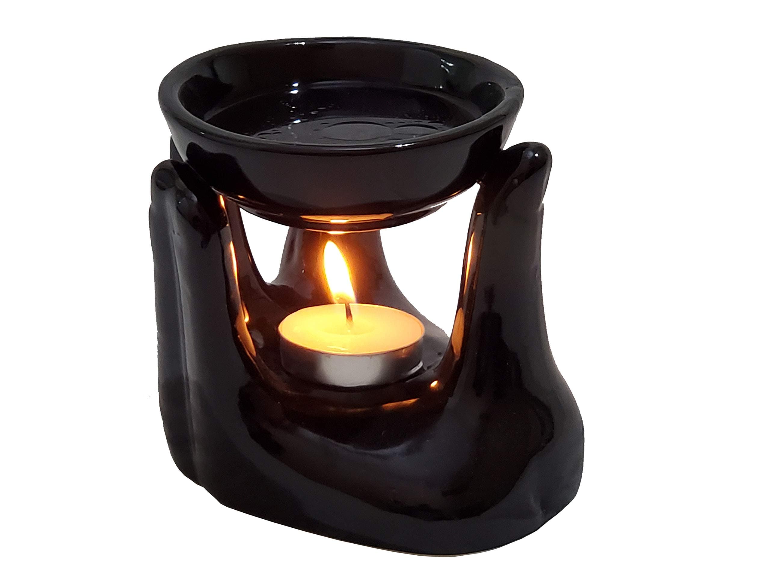 Oil Burner for Home, Office, with 1 Tea Light Candle, Made by Porcelain (Black)