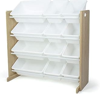 Children's Shelf, Toy Organiser Shelf with 12 Storage Boxes, Natural/White