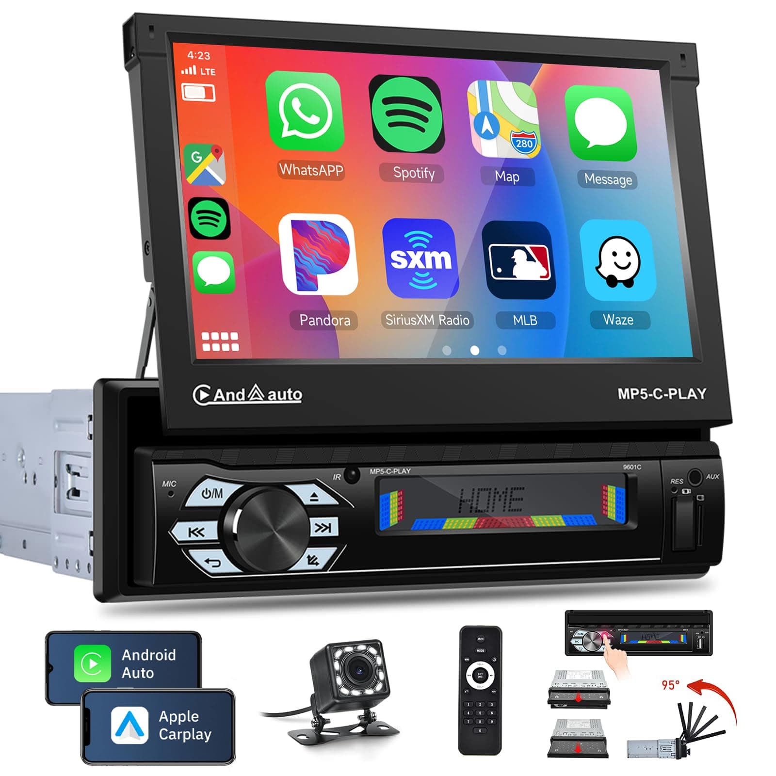 RimoodySingle Din Touchscreen Car Stereo Apple Carplay Android Auto, 7 inch Electric Flip Out 1 Din Car Radio with Bluetooth FM Radio TF/USB/AUX + Rear View Camera