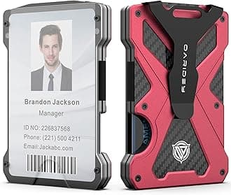 Minimalist Wallet for Men- Slim Aluminum Metal Money Clip Wallet with Clear ID Card Holder, Carbon Fiber Wallet, RFID Blocking,Holds up 15 Cards with Cash Clip,Ultra-Thin Tactical Wallet- Red