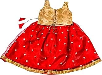 Gold Brocade & Red Net Sleeveless Lehenga Choli Set, Designer Pattu Pavadai, Kids Ethnic Wear