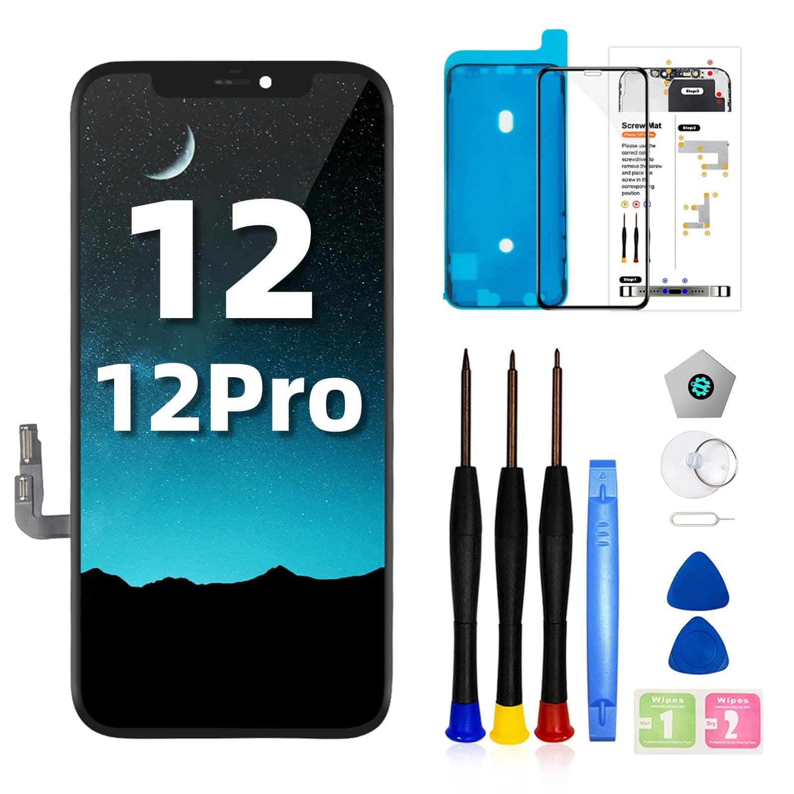for iPhone 12/12 Pro Screen Replacement Kit 6.1 inch 3D Touch Screen LCD Screen Display Digitizer Assembly with Repair Tools +Tempered Screen Protector