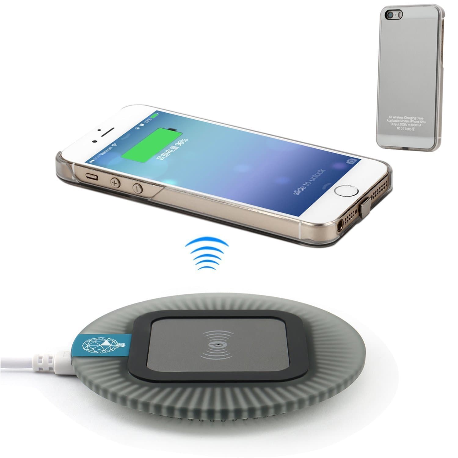 Antye Wireless Charger for iPhone SE, Qi Wireless Charging Kit for iPhone 5, 5S, SE, Including Removable Lightning Connector Qi Wireless Charging Case and Colorful Qi Charging Pad, Grey-Black