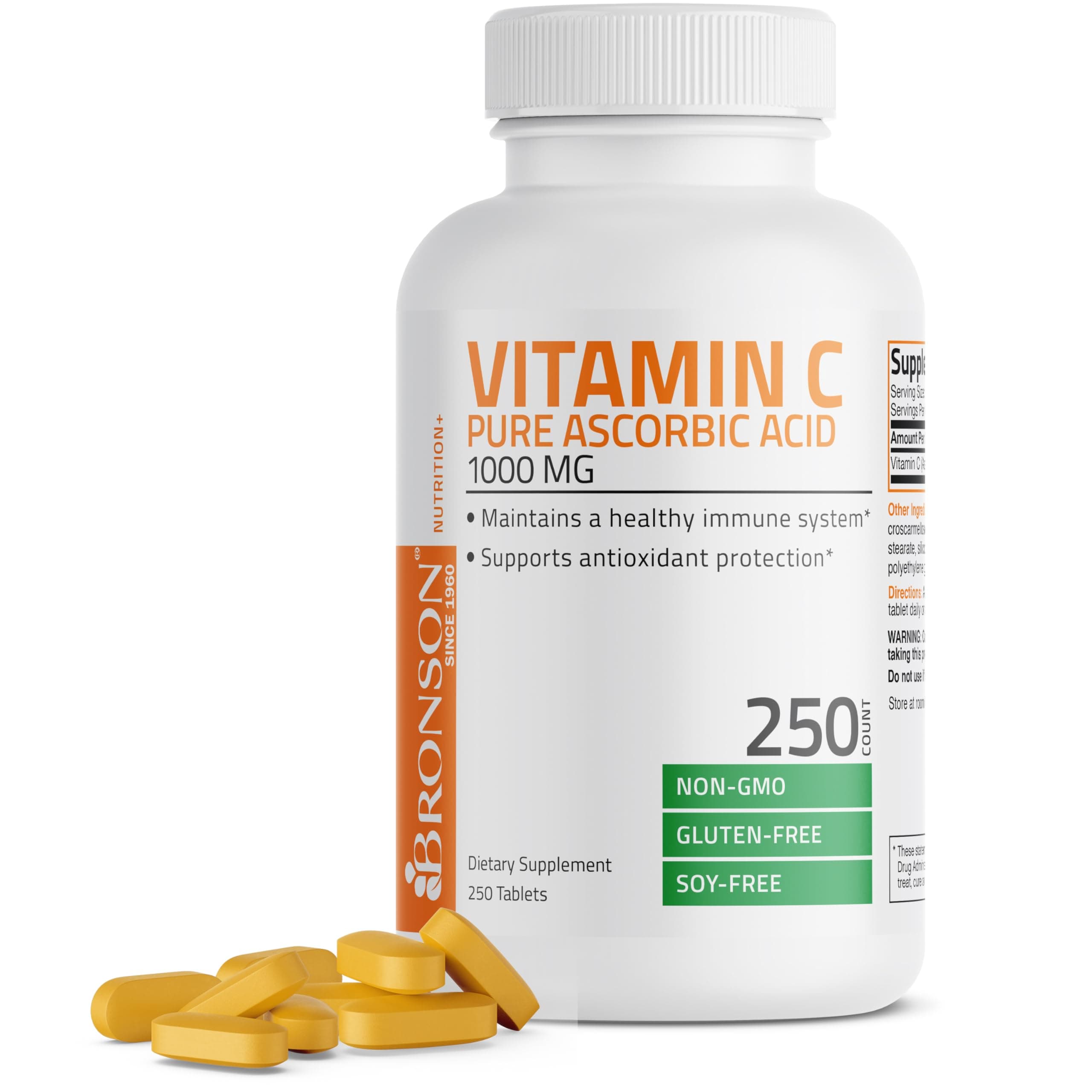 Vitamin C 1000mg Premium Non-GMO Ascorbic Acid Tablets, 250 Count