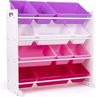 Humble CrewKids Toy Storage Organizer with 12 Plastic Bins, White/Pink/Purple – Removable Bins for Playroom, Bedroom, Toddler Furniture for Boys and Girls Ages