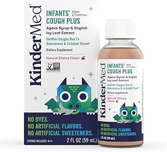 KinderMed Infants' Daytime Cough Plus, Organic Agave Syrup and English Ivy Leaf Extract, No Dyes, No Artificial Flavors or Sweeteners, Non-GMO, for Babies 2 Months+, Natural Cherry Flavor (2 Fl Oz)