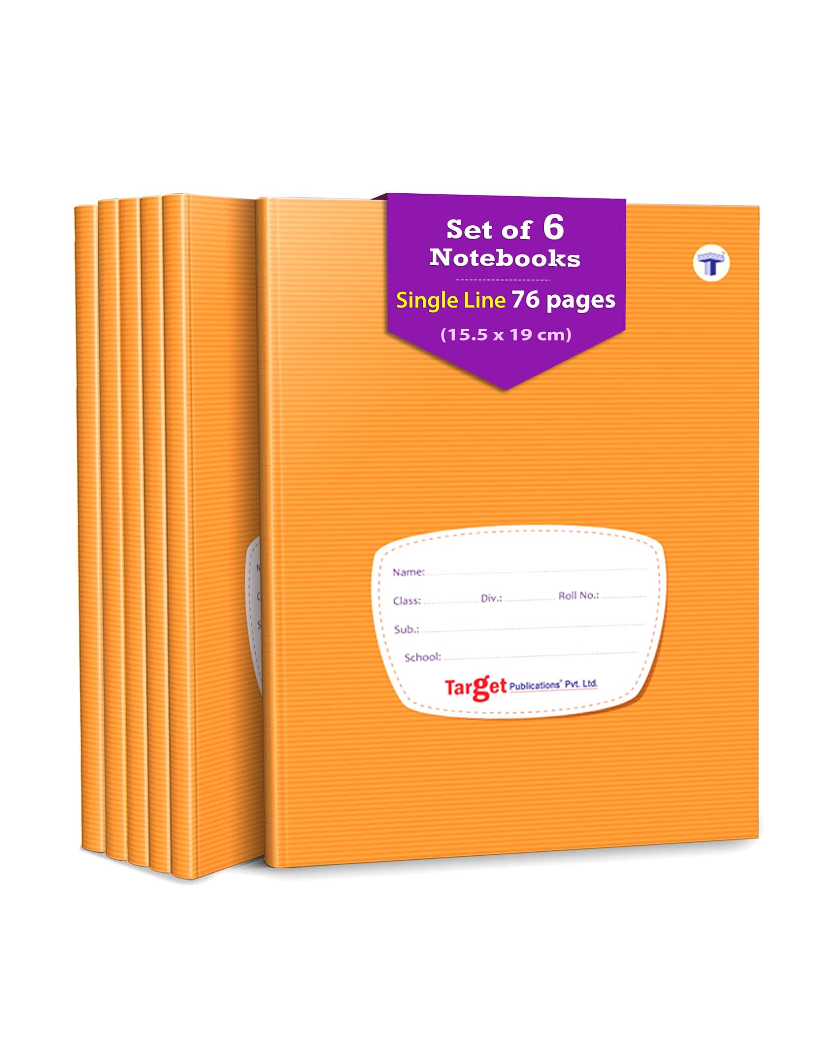 TARGET PUBLICATIONS Single Line Small Notebooks for School | 76 Pages | 15.5 x 19 cm | Brown Cover | Set of 6 | GSM 57