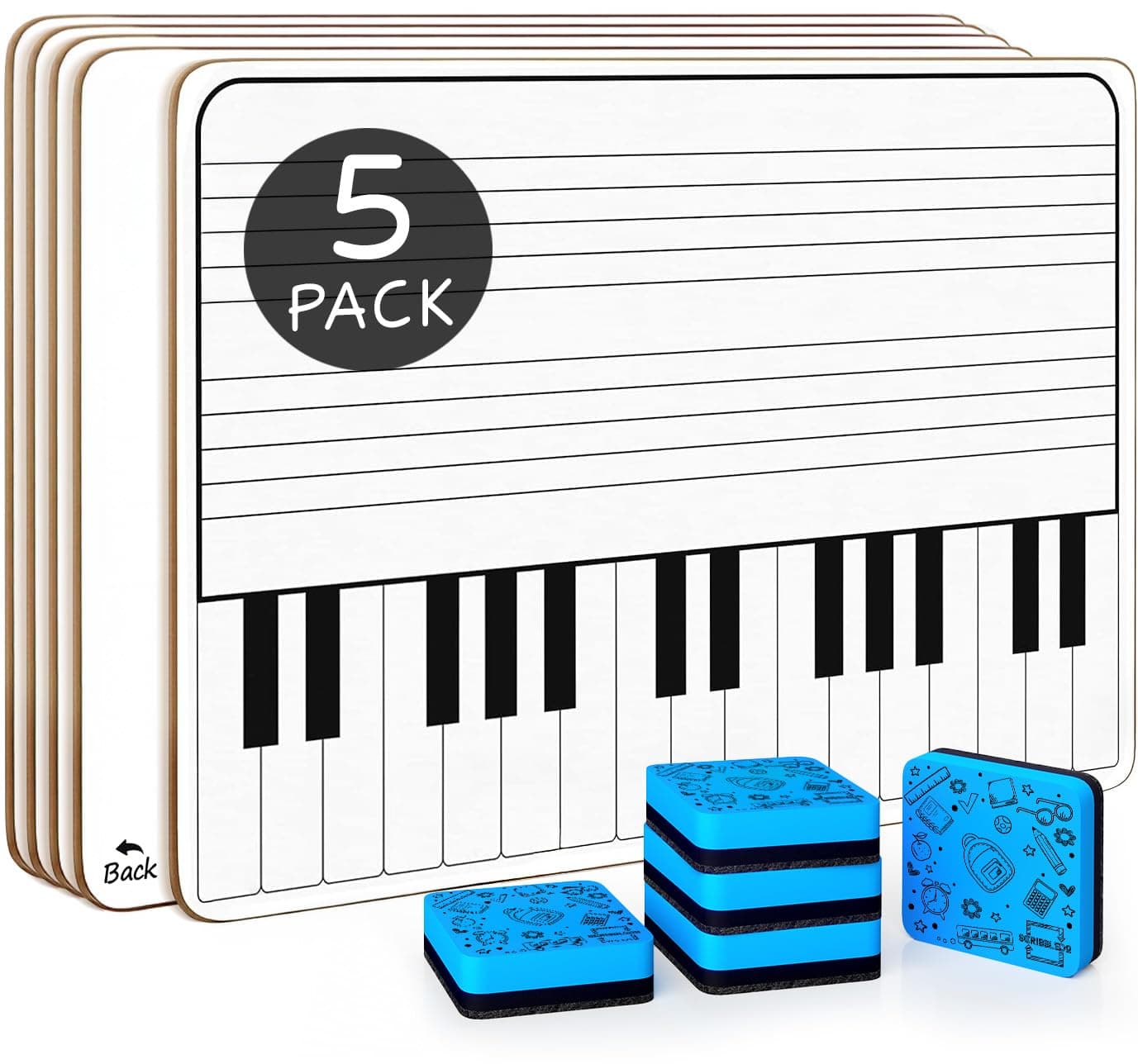 Scribbledo 5 Pack 11 x 14 Inch Piano Board Dry Erase White Boards Keyboard Lapboard l Double Sided Music Staff whiteboard for Kids Students, Musicians and Home (5 Erasers Included)