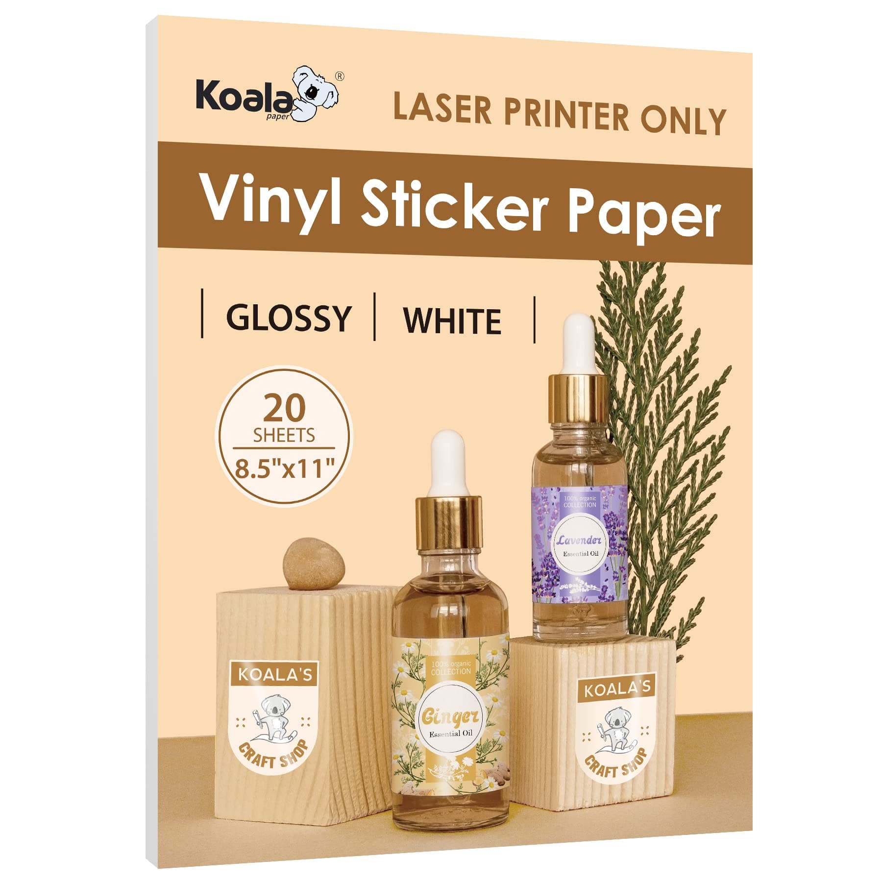 Koala Printable Vinyl Sticker Paper for LASER Printer - Glossy Waterproof Sticker Paper, White 8.5X11 Inch 20 Sheets