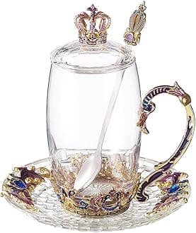 Tea Mugs for Women Purple Tea Cups with Lid Spoon Saucer Crown Glass Coffee Mug Mothers Day Gifts Thanksgiving Christmas Gift(12oz Crown)