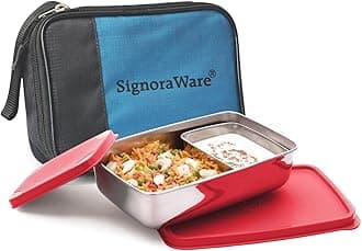 Signoraware Compact Steel Lunch Box with Bag | 850ml+100ml | Rectangle | Stainless Steel | Leakproof | Food Grade | AirTight | Tiffin Box Office School | Easy to Carry & Clean | Microwave, Red