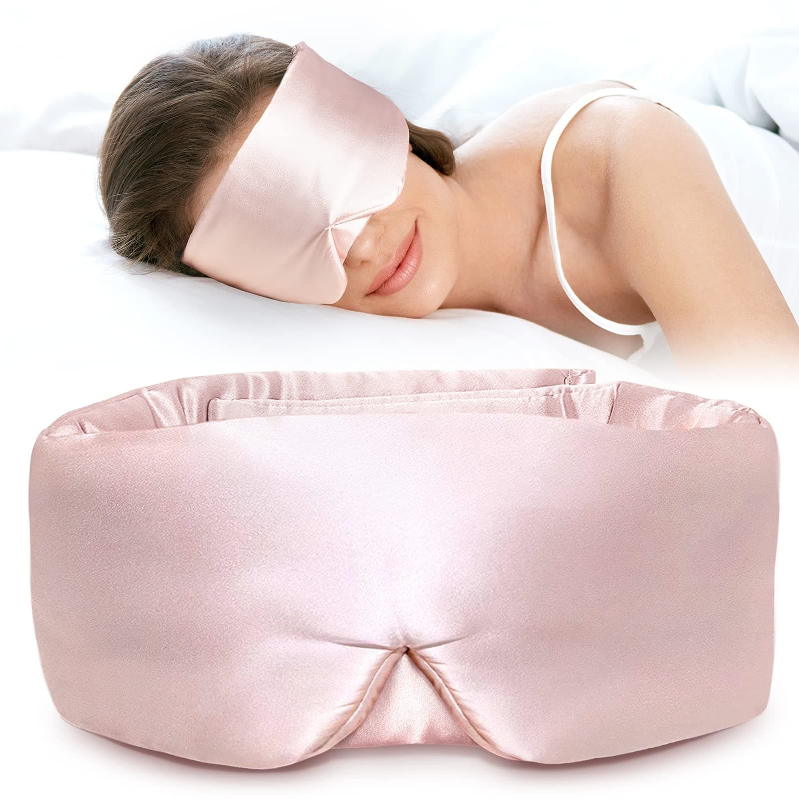 LitBear Silk Sleep Mask for Side Sleeper, Eye Mask Sleeping for Women Men 100% 22 Momme Pure Mulberry Silk, Face-Hugging Padded Eye Cover for Sleeping with Adjustable Band (Pink)