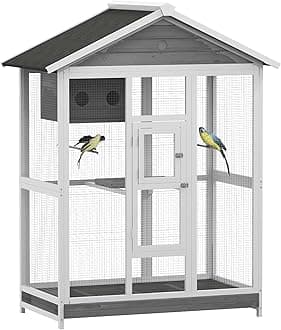 PawHut 64.5" Wooden Bird Cage Aviary, Flight Cage with 4 Perches, Nest and Slide-Out Tray for Indoor/Outdoor, Gray