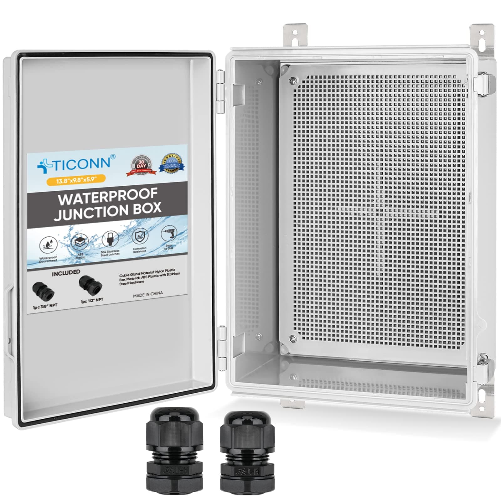 TICONN Outdoor Electrical Box Waterproof, Junction Box IP67 ABS Plastic Enclosure with Hinged Cover with Mounting Plate, Wall Brackets, Cable Glands (Off-White, 13.8"x9.8"x5.9")