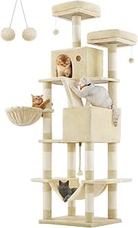 FEANDREACat Tree, 206 cm Large Cat Tower with 13 Scratching Posts, 1 Scratching Ramp, 2 Perches, 2 Caves, Basket, Hammock, Pompoms, Multi-Level Plush Cat Condo for Indoor Cats, Beige PCT190M01