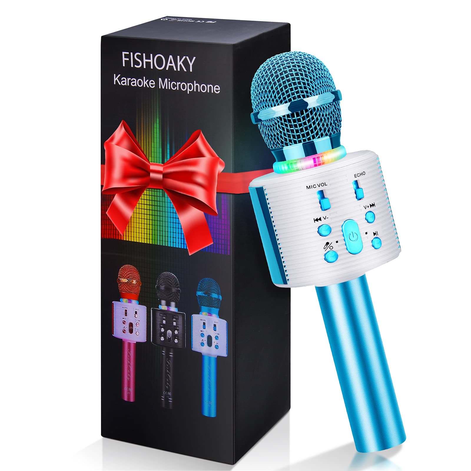 Karaoke Microphone, FISHOAKY Karaoke Machine Portable Mic Player Speaker with LED & Music Singing Voice for Kids Recording for Christmas Birthday Home Party KTV Outdoor (Blue)
