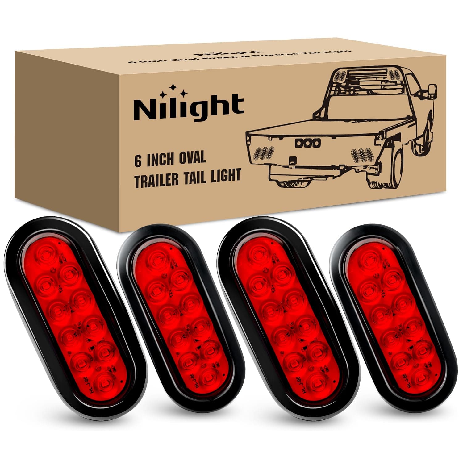 Nilight - Tl-07 6 Inch Oval Red Led Trailer Tail Lights 4Pcs 10 With Flush Mount Grommets Plugs Ip67 Waterproof Stop Brake Turn For Rv Truck