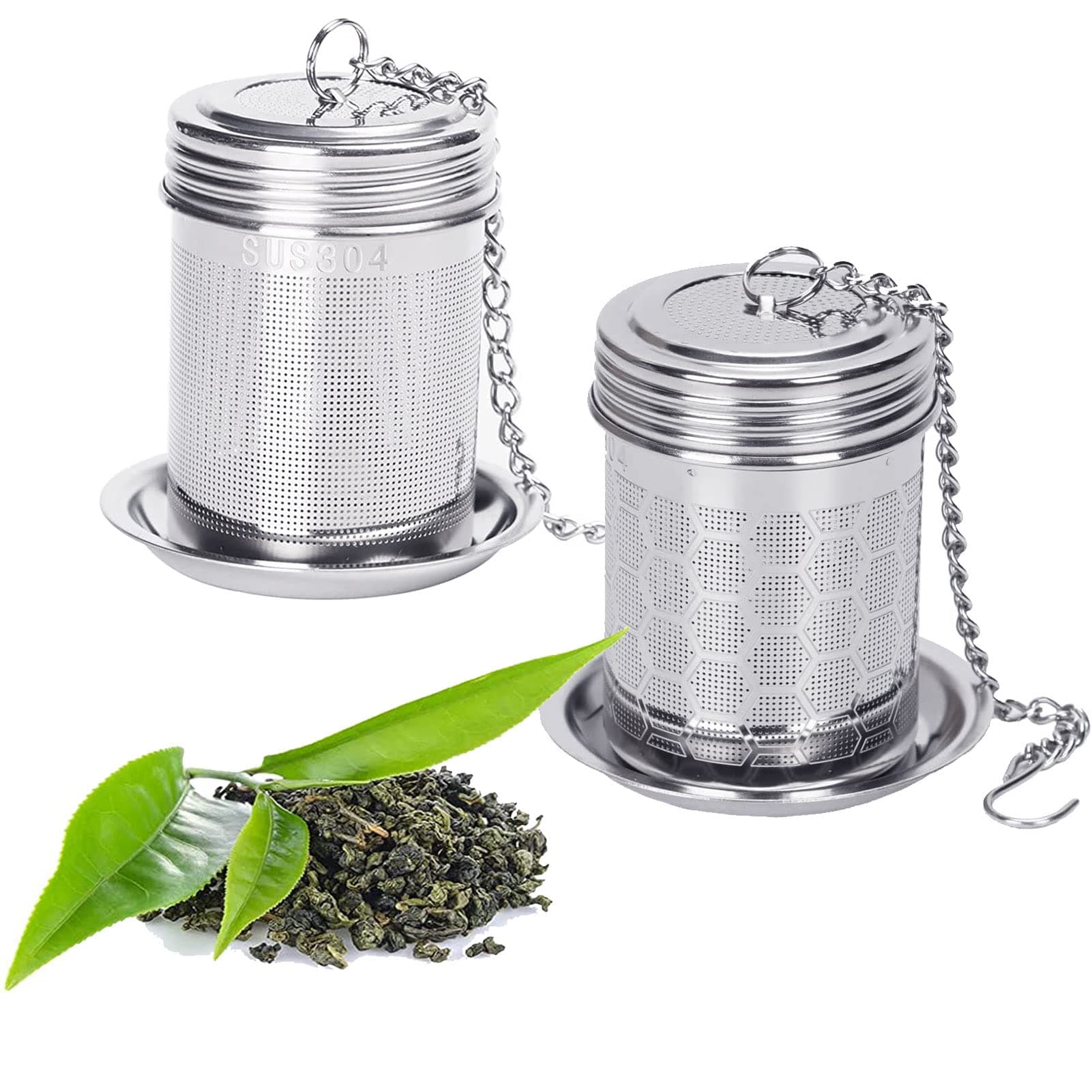 Coolchic 2PCS Premium Stainless Steel Tea Strainers for Loose Tea,Tea Mesh Strainer with Lid and Drip Tray,Loose Leaf Tea Infuser with Chain Hook, Coffee Strainer to Brewing Steeping Loose Leaf