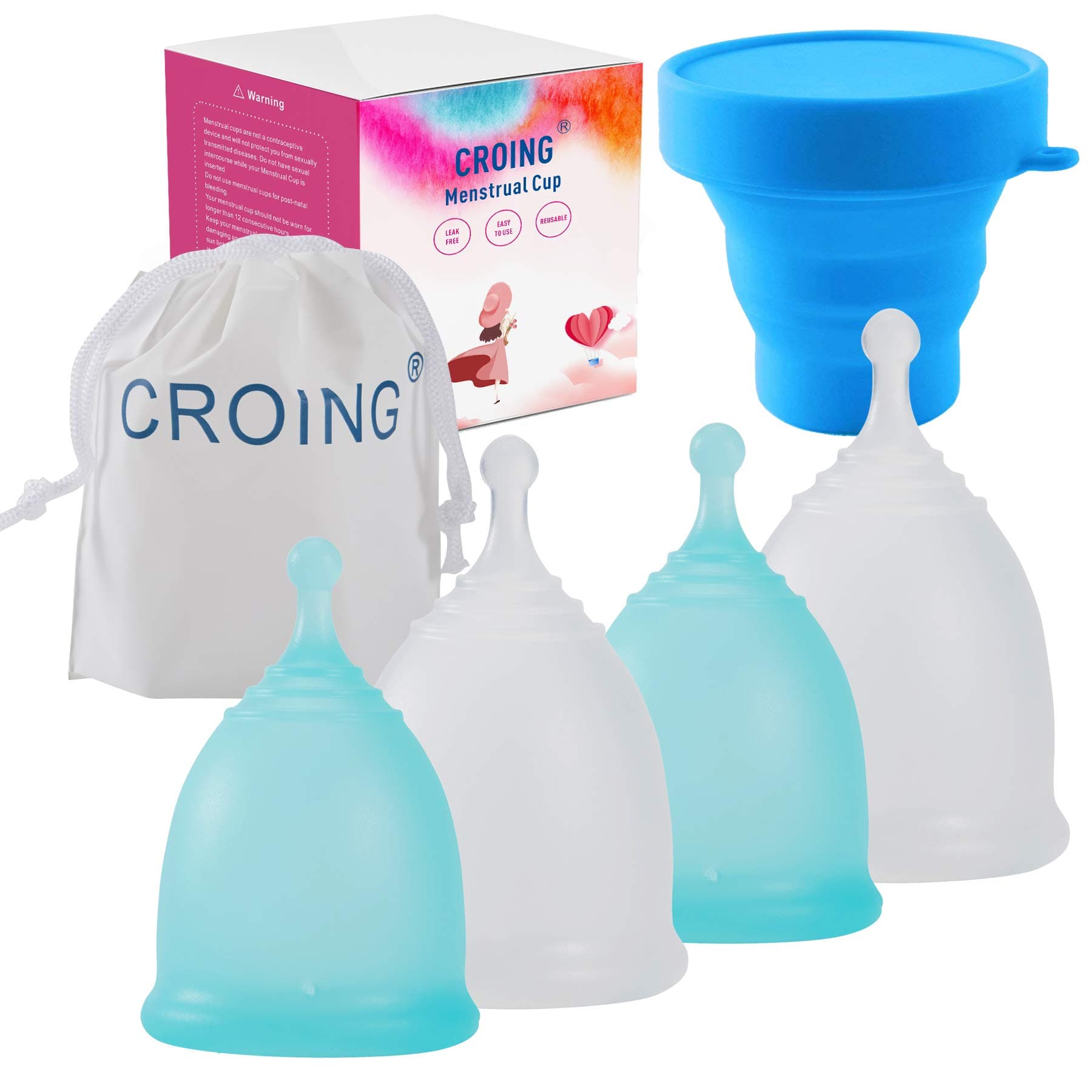 4pcs Menstrual Cup with 1 pc Sterilize Cup,Menstrual Cup Holder, Storing Period Cup(Blue and White)