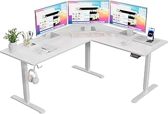 63 x 55 Inch L Shaped Standing Desk with 2 Preset Heights, Electric Height Adjustable Computer Table, 2 Hooks & Feet Balance, Corner Sit Stand Desk for Home Office (White, 63 x 55 Inch)