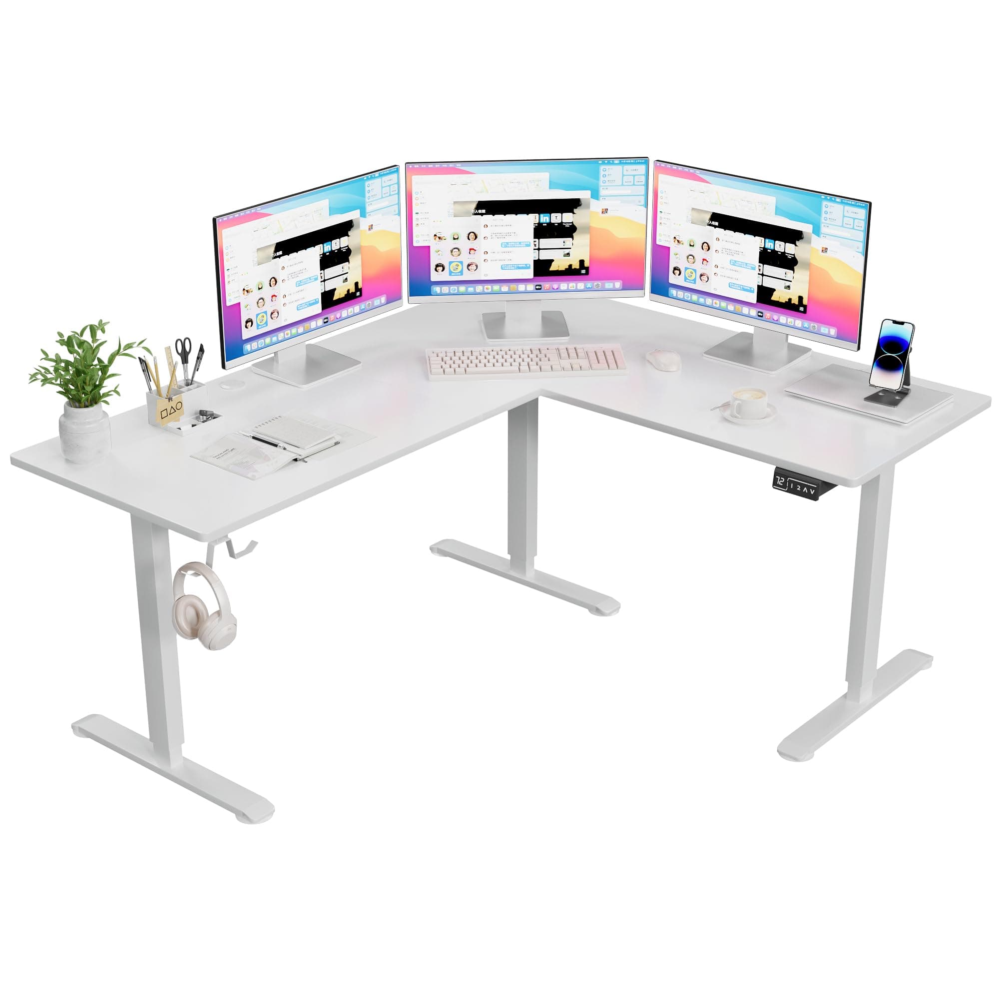 Furmax 63 x 55 Inch L Shaped Standing Desk with 2 Preset Heights, Electric Height Adjustable Computer Table, 2 Hooks & Feet Balance, Corner Sit Stand Desk for Home Office (White, 63 x 55 Inch)