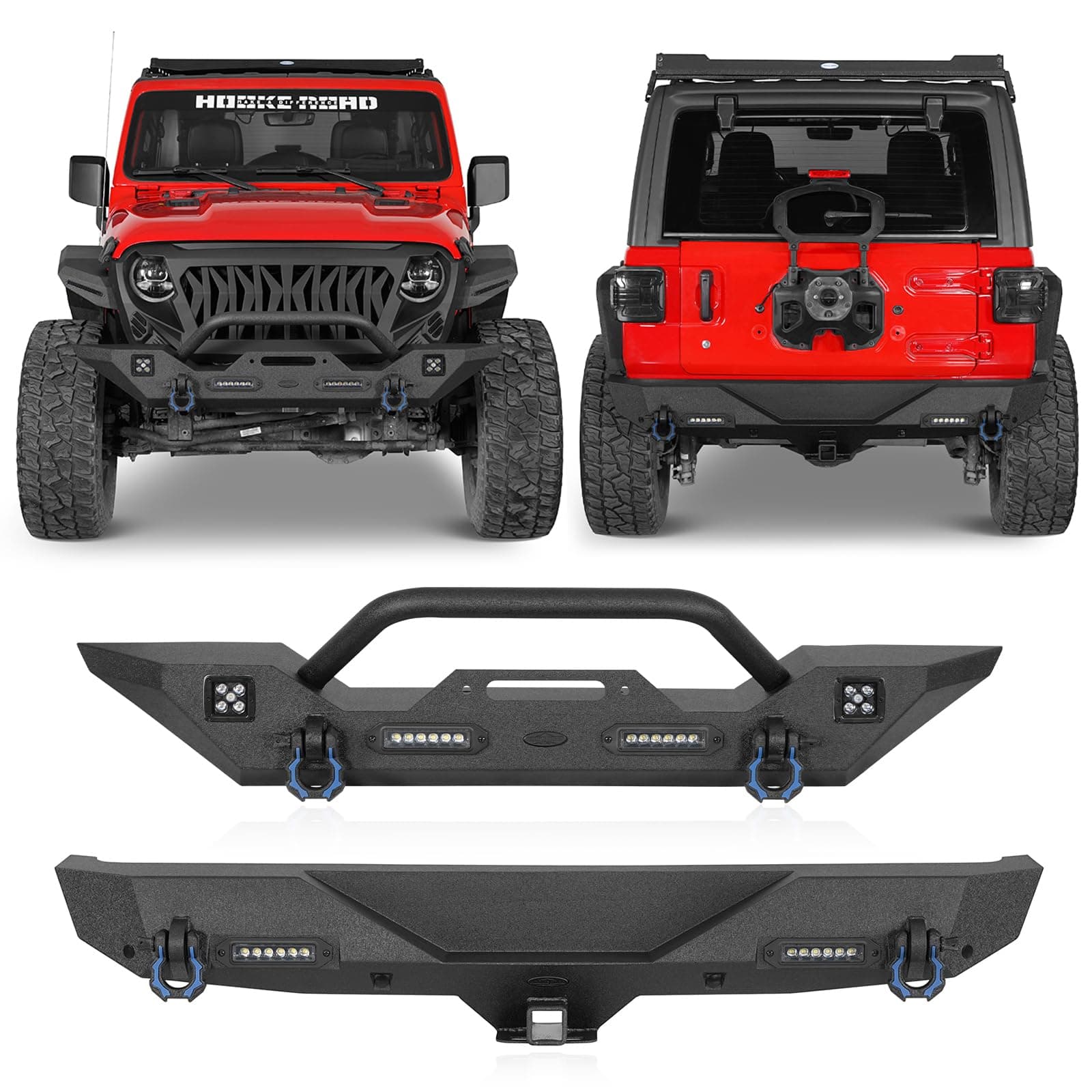 Hooke Road JL Front & Rear Bumper Combo for 2018-2026 Jeep Wrangler JL JLU Unlimited 2/4 Doors (Sturdy Matte Black Textured Steel)