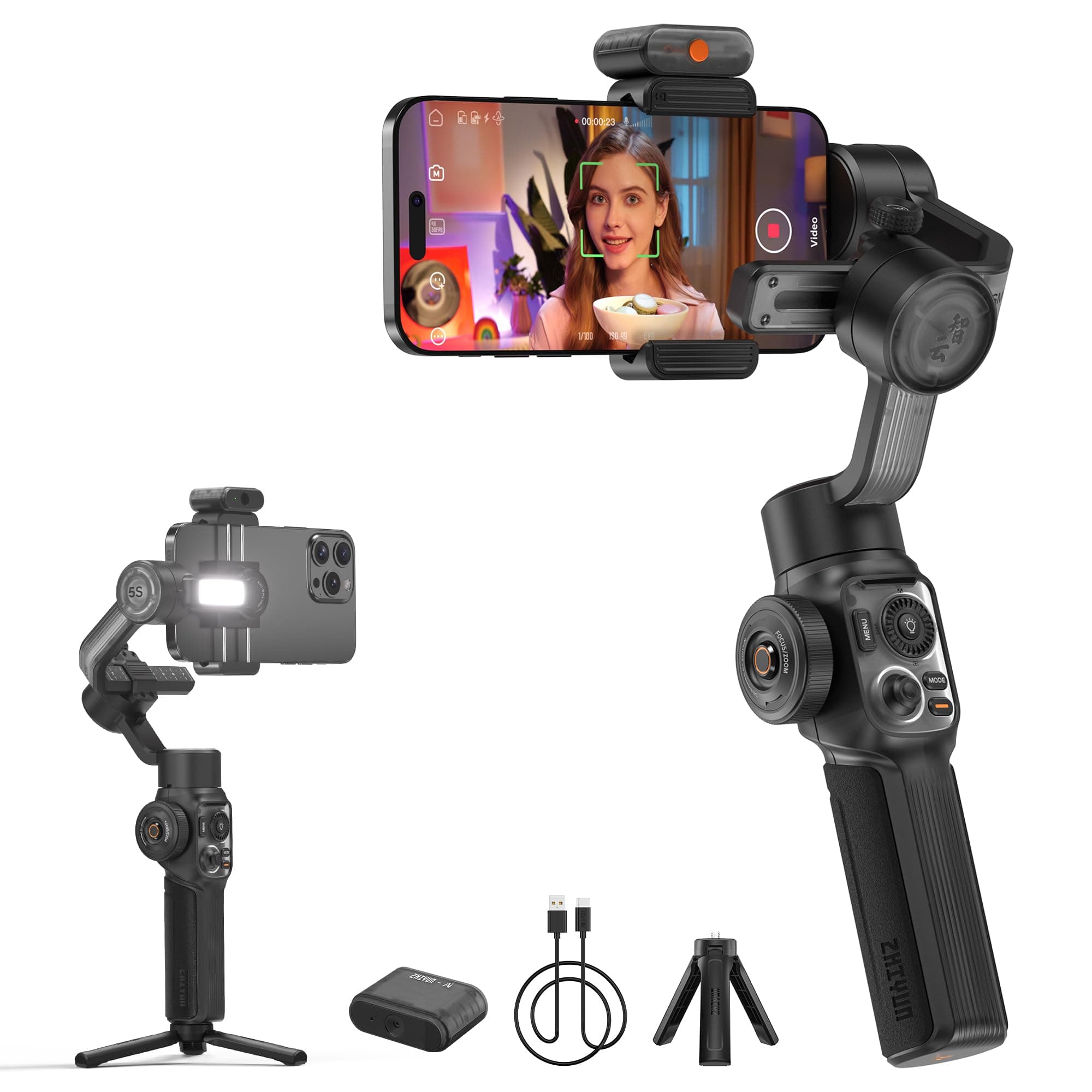 Smooth 5S AI Combo 3-Axis Gimbal Stabilizer for iPhone 15 Pro Max & Android Smartphone Gimbal with AI Tracker, Built-in Fill Light, Tripod, Phone Stabilizer for Video Recording Vlog Filming