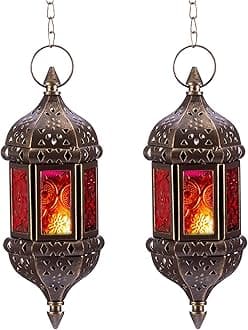 Nuptio Moroccan Candle Lantern 2 Pcs Hanging Tea Light Candle Holders Metal & Glass Ramadan Lamp Brown Decorative Lanterns for Candles for Living Room Balcony Patio Halloween Christmas Decorations